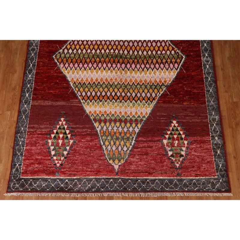 Hand Knotted Oriental 100% Wool Carpet Modern Tribal Red Moroccan Area Rug - 9' 8'' X 6' 11''