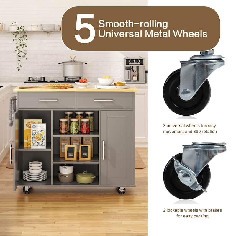 Rolling Kitchen Island with Storage Cabinet & Drawers - Rubber Wood Top for Dining & Kitchen Storage