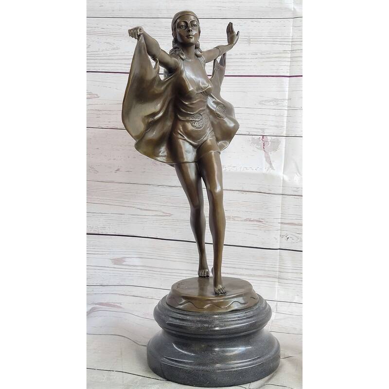 Signed Otto Poertzel Bat Dancer Bronze Sculpture Art Deco Nouveau Marble Figure