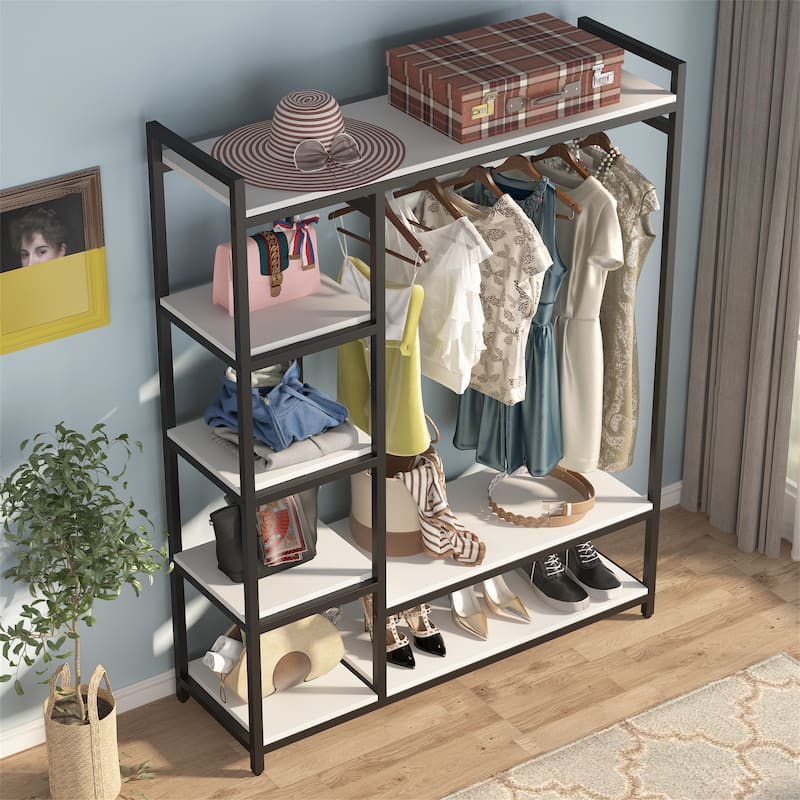 Black/ White Modern Clothes Garment Rack,Metal and Wood Closet Rack Closet Organizer System with Hanging Rod and Shelf