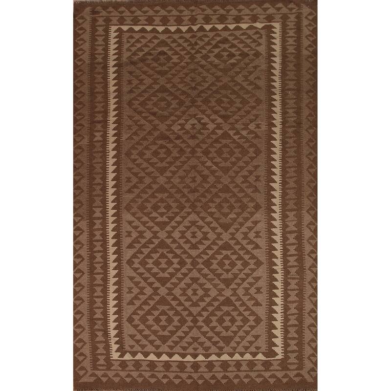 Brown Reversible Kilim Oriental Area Rug Flat-weave Wool Carpet - 6'9" x 9'10"