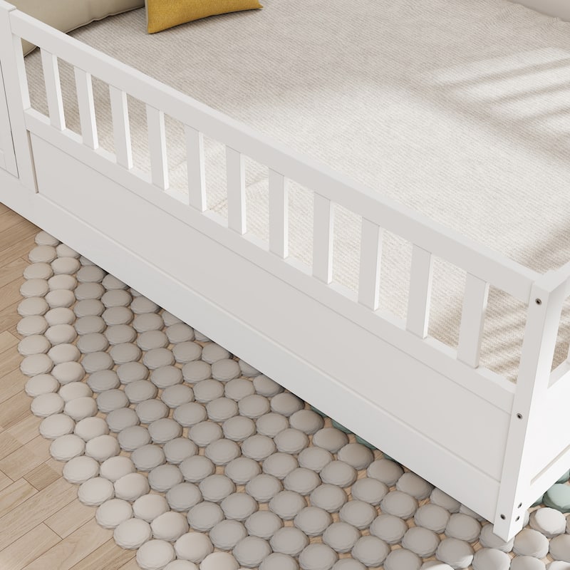 Full Size Pine Wood Floor Bed with Full-length Guardrail and Door for Kids, Adults