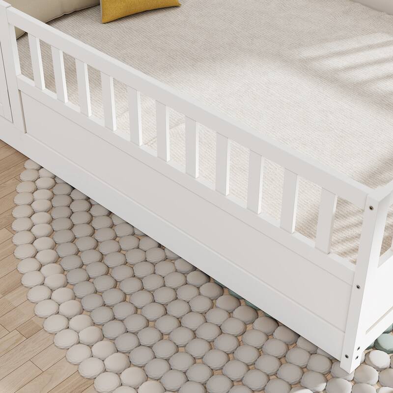 Pine Wood Floor Bed with Full-length Guardrail and Door for Kids, Adults
