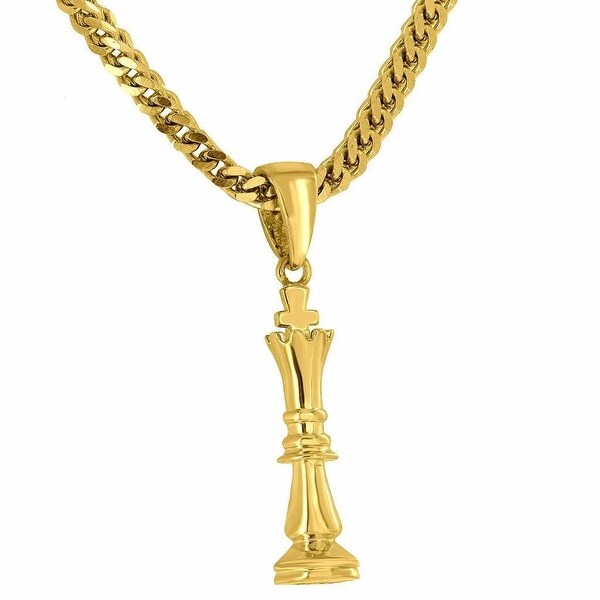 Designer Mens Chess Piece King Pendant 18K Yellow Gold Tone Free Stainless Steel Franco 24 Inch