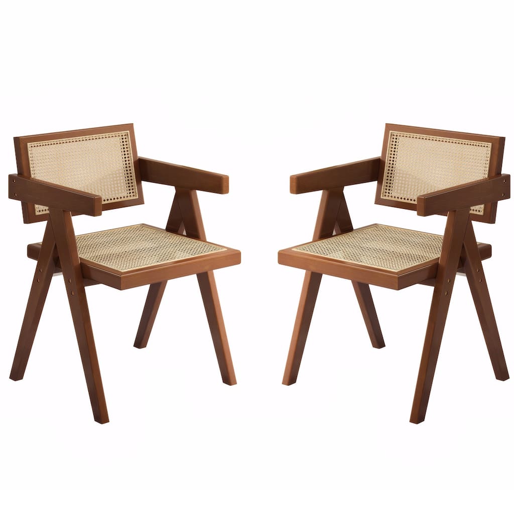 Modern Dining Chairs Set of 2, Rattan Accent Chairs, Comfy Armchairs, Outdoor Wood Chairs with Armrest for Dining Kitchen