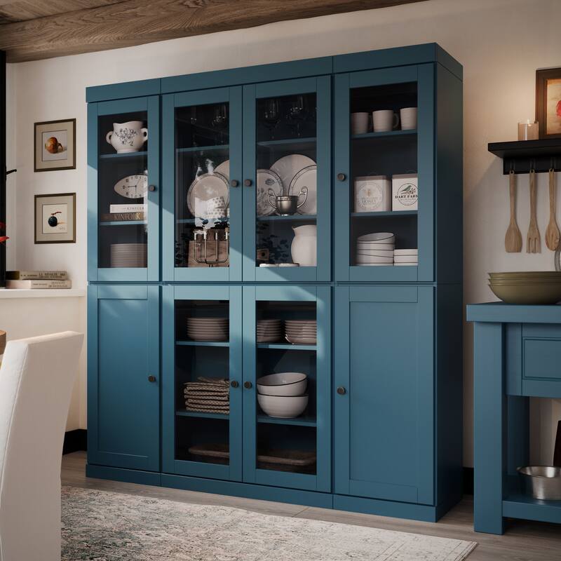 Palace Imports 100% Solid Wood 65" Pantry Cabinet with Clear Glass, Shaker Doors and Adjustable Shelves - Teal Blue