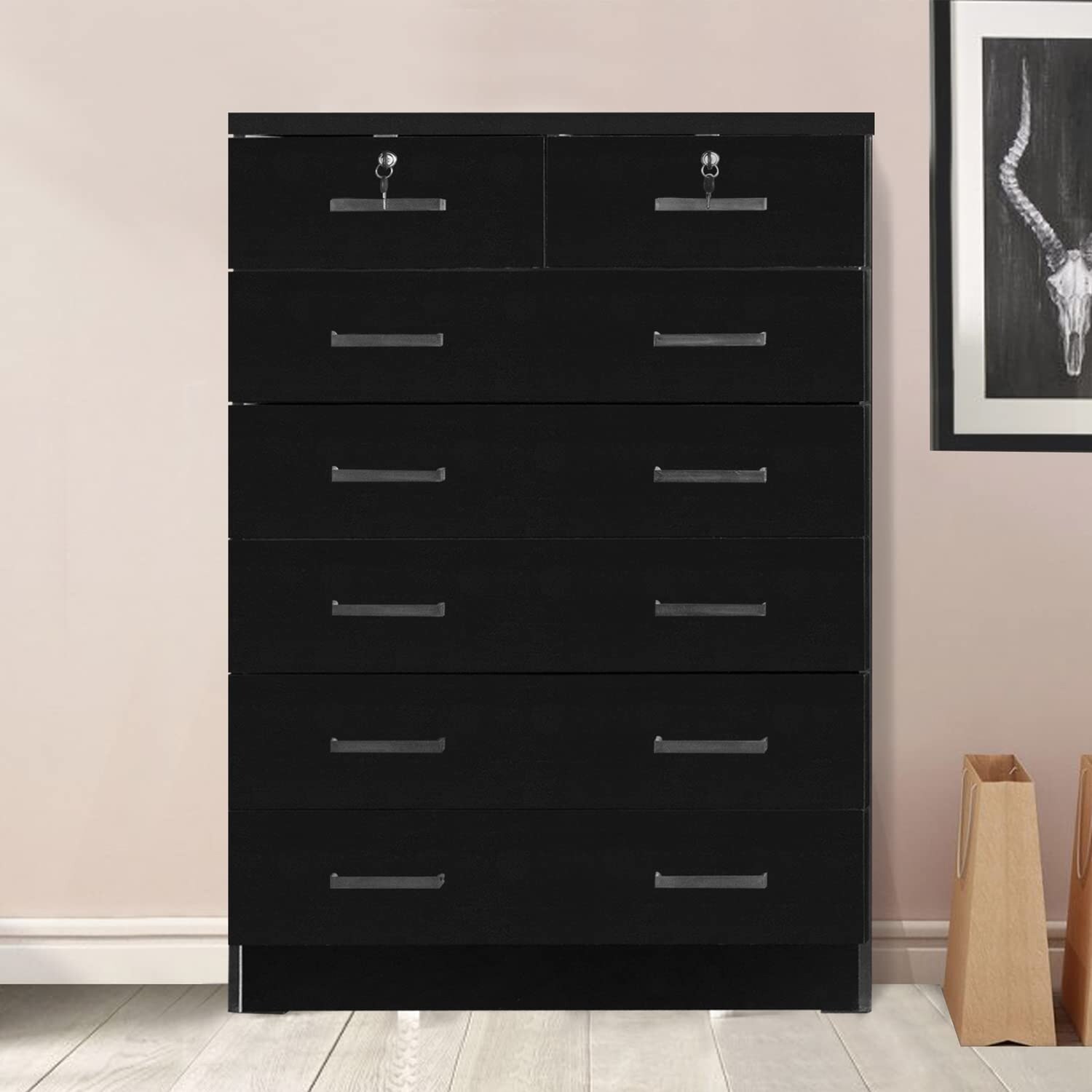 7 Drawer Chest Wooden Dresser with Lock in Black - Bed Bath & Beyond -  38233552