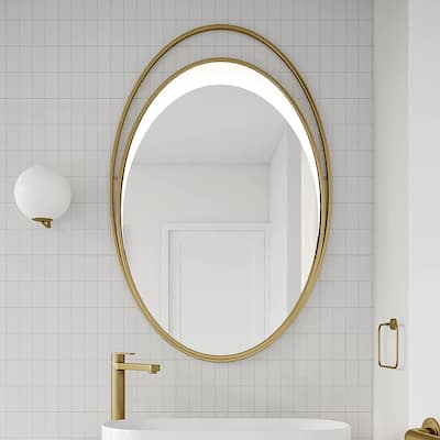 MacLuu Oval Mirror Double Eggshell-Shaped Gold Metal Frame with LED ...