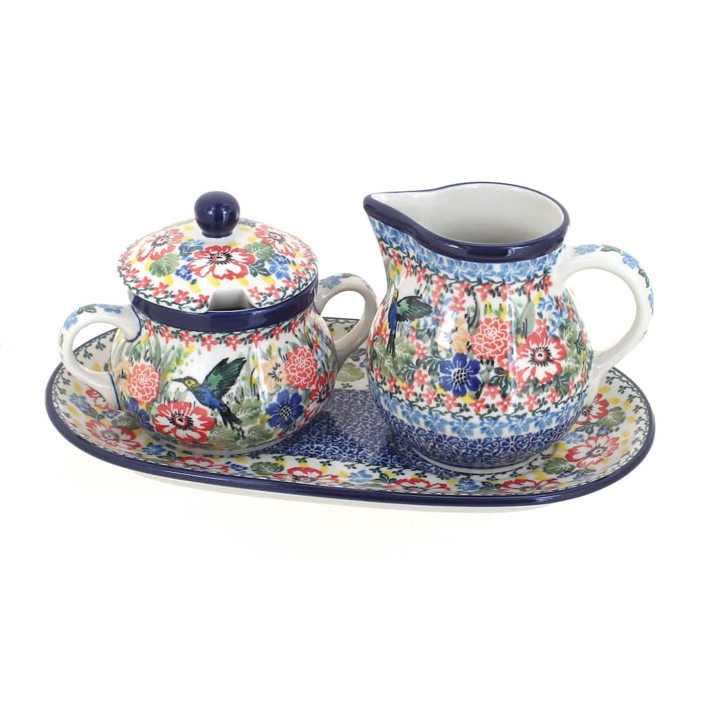 Blue Rose Polish Pottery 522 Ceramika Artystyczna Large Cream & Sugar Set with Tray