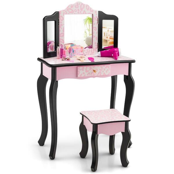 Kid Vanity Set Wooden Makeup Table Stool TriFolding Mirror Leopard