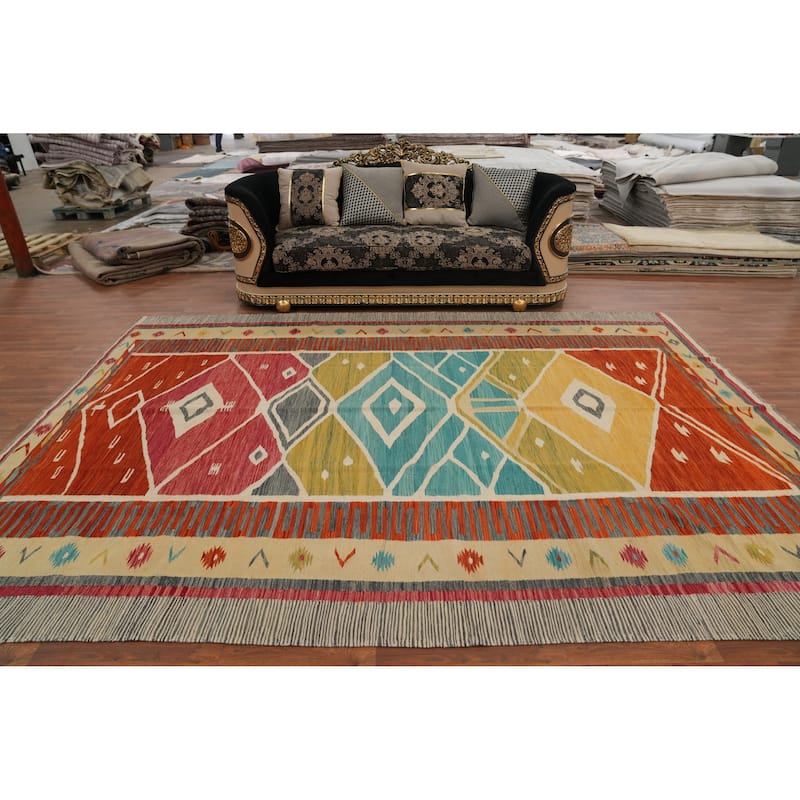 Hand Woven Oriental 100% Wool Carpet Southwestern Tribal Multi-Colored Kilim Area Rug - 12' 3'' X 8' 10''