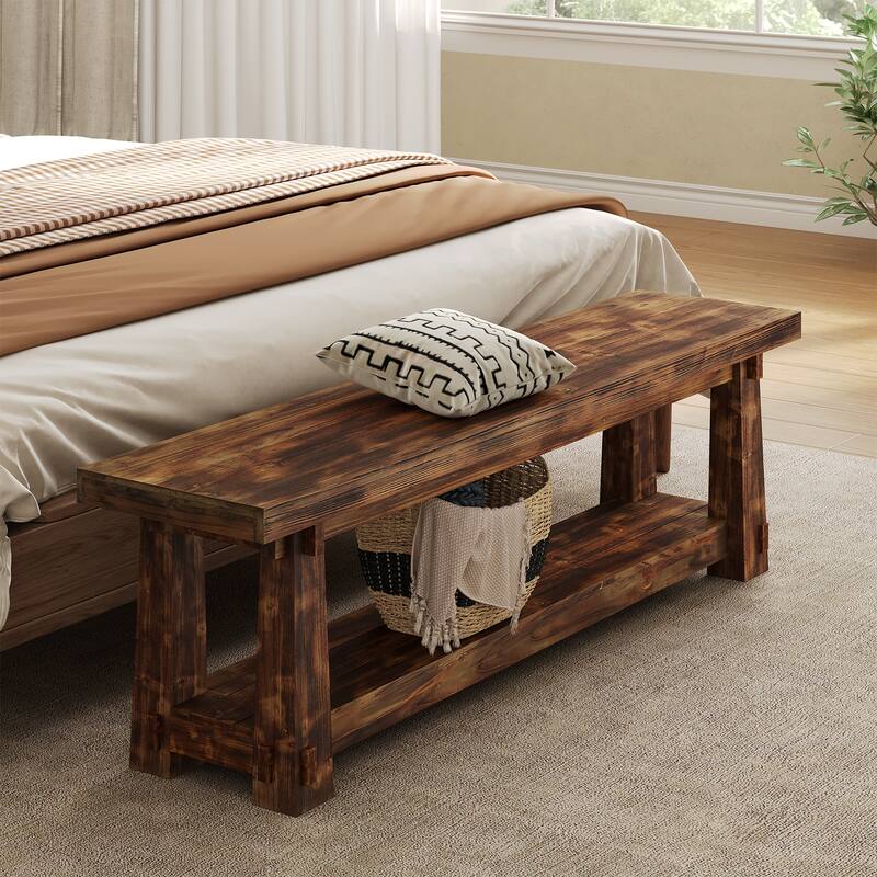 55 Inch Entryway Bench with Shoe Storage, All Solid Wood Bench - 55.12" W x 13.78" D x 18.11" H