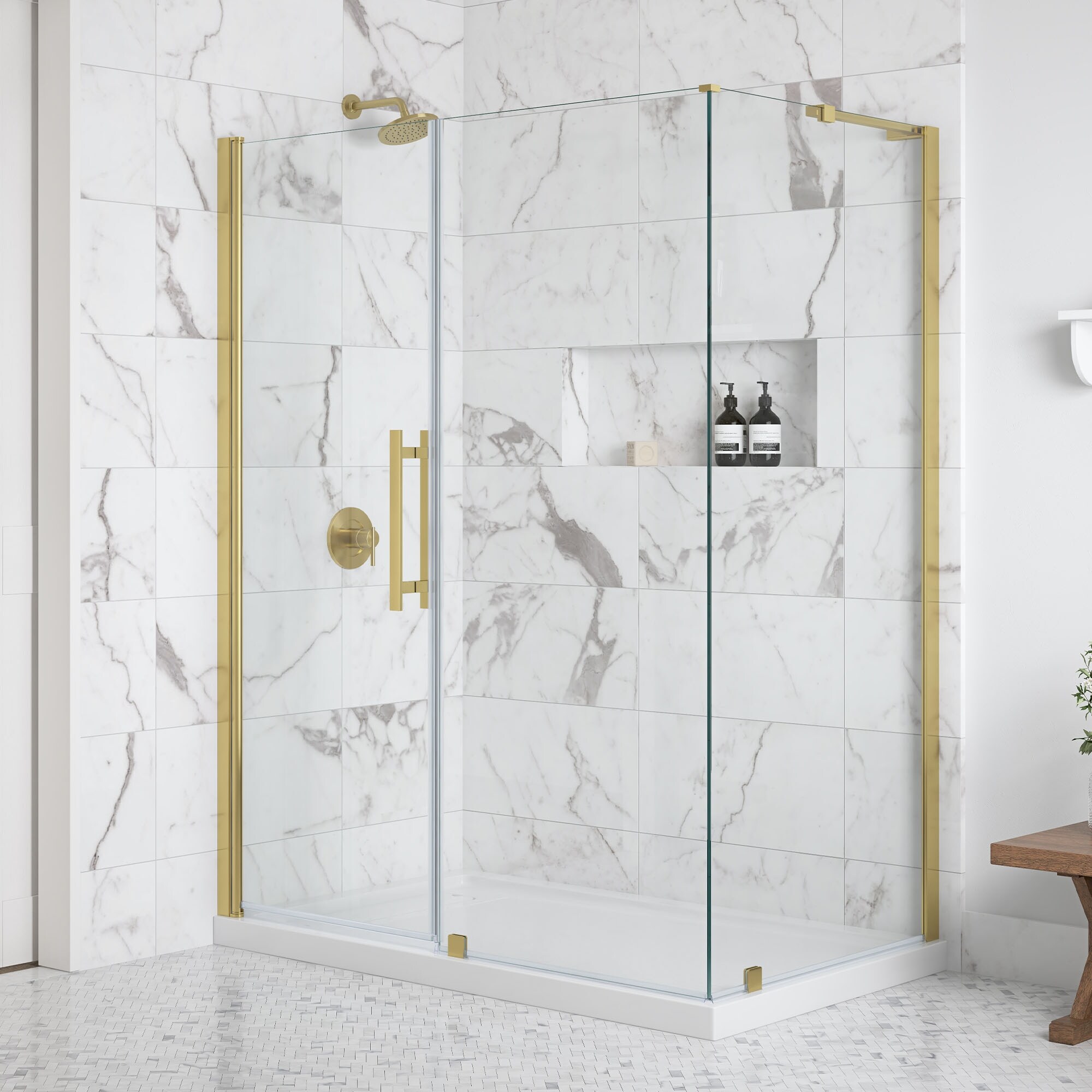 OVE Breeze Pivot Corner Frameless Pivot Shower Door Kit with Base Pan