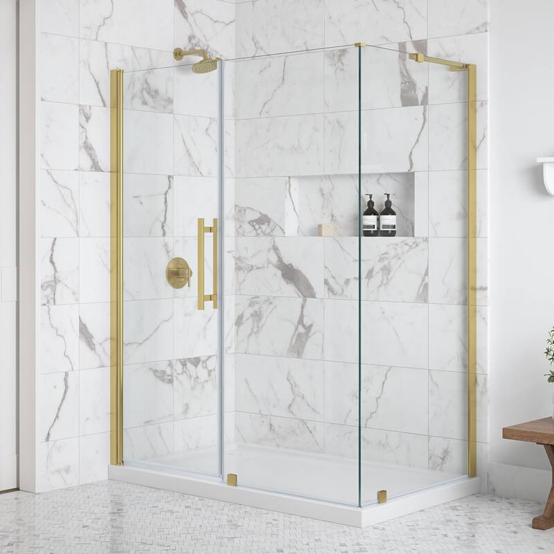 OVE Breeze Pivot Corner Frameless Pivot Shower Door Kit with Base Pan - 60" - Brushed Gold
