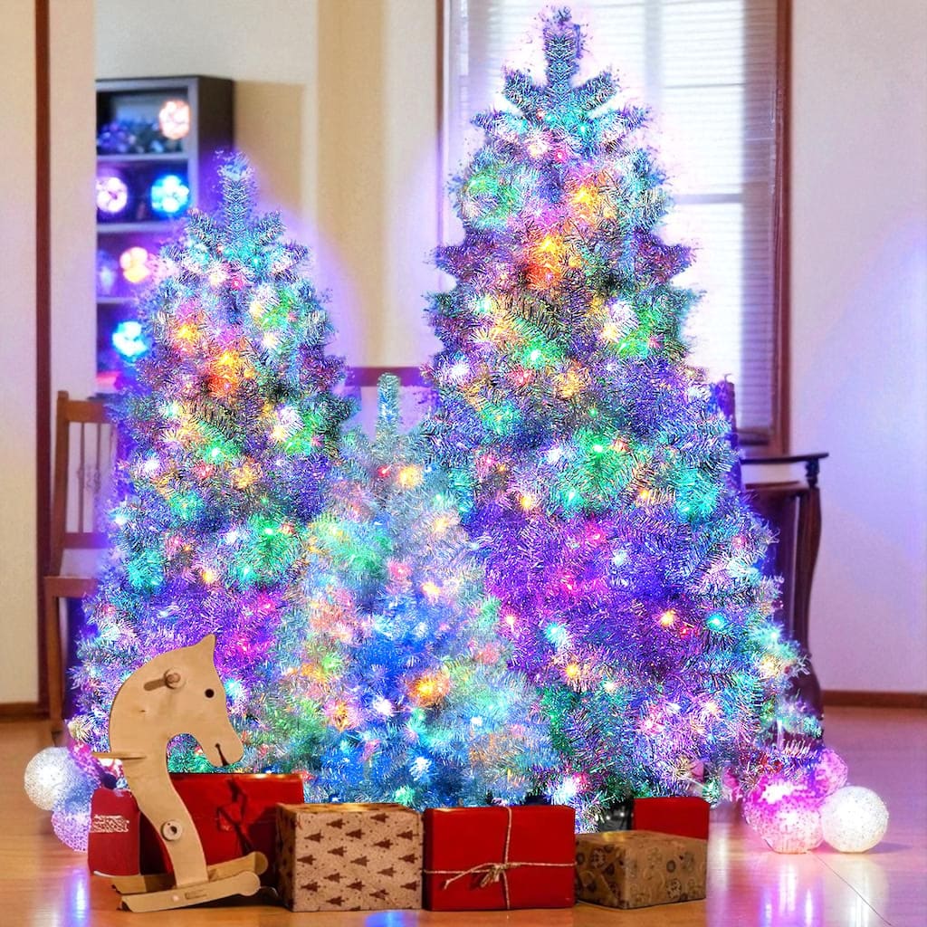 Silver Pre-Lit Artificial Christmas Tree Set 4FT 6FT 7.4FT with 850 LED Lights and 2400 Tips, Hinged PVC Trees