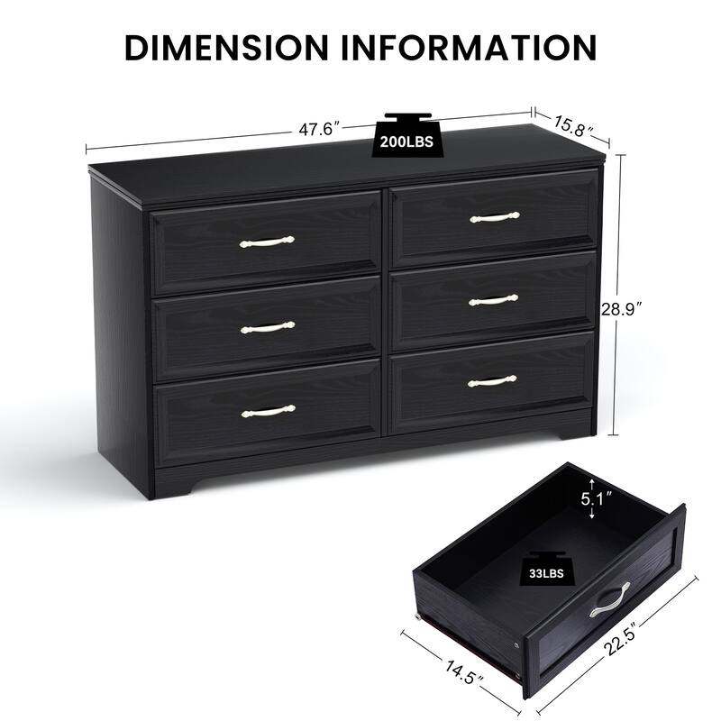 Modern Drawer Dresser Clothes Organizer with 6 Drawers Metal Handle Anti-Tip Device, for Living Room Bedroom Hallway, White