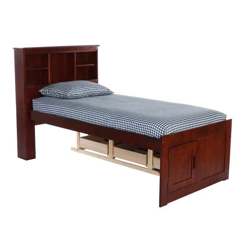 OS Home and Office Furniture Model Solid Pine Twin Captains Bookcase Bed with 6 drawers in Rich Merlot