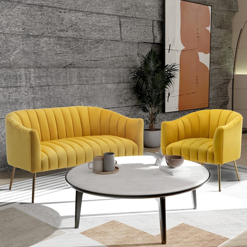 SEYNAR Velvet Upholstered Accent Chair and Loveseat Set - Yellow