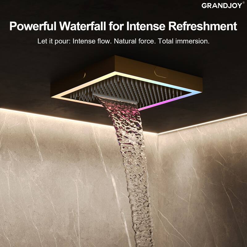GRANDJOY Thermostatic LED Rain and Waterfall Shower System with Handheld, Built-In Music Function