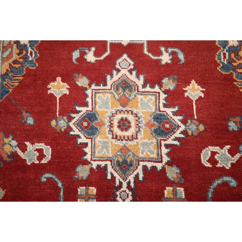 Red Geometric Kazak Foyer Rug Hand-Knotted Traditional Wool Carpet - 3'4" x 4'8"
