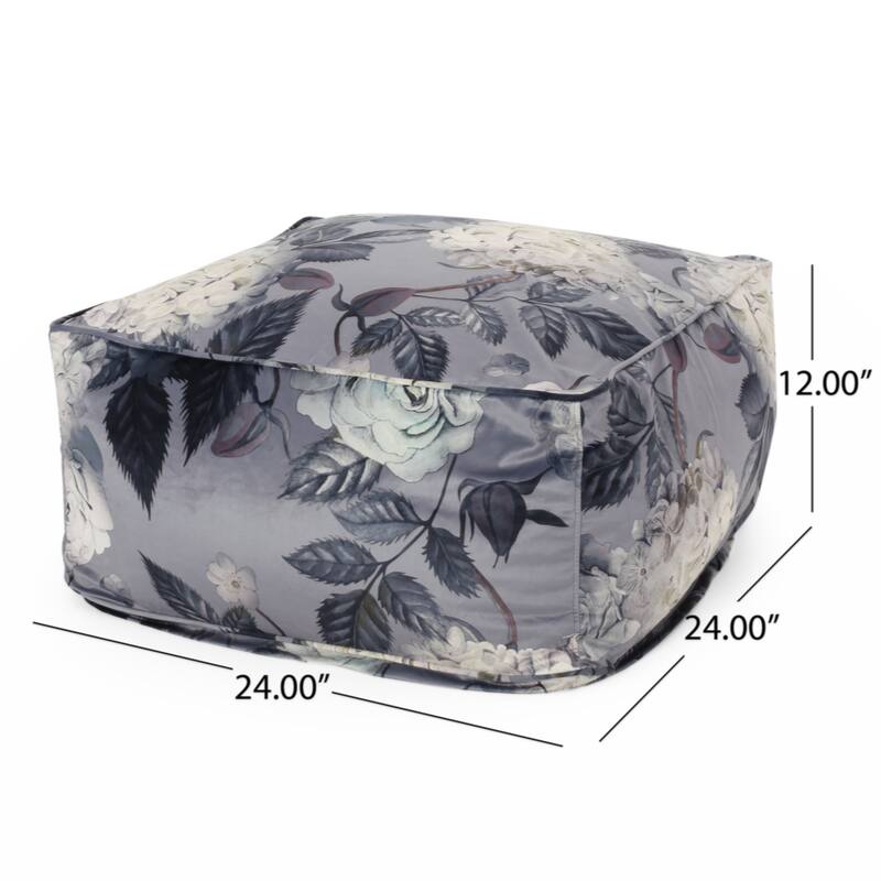 Hazel Large Square Pouf, Flower Print on Gray