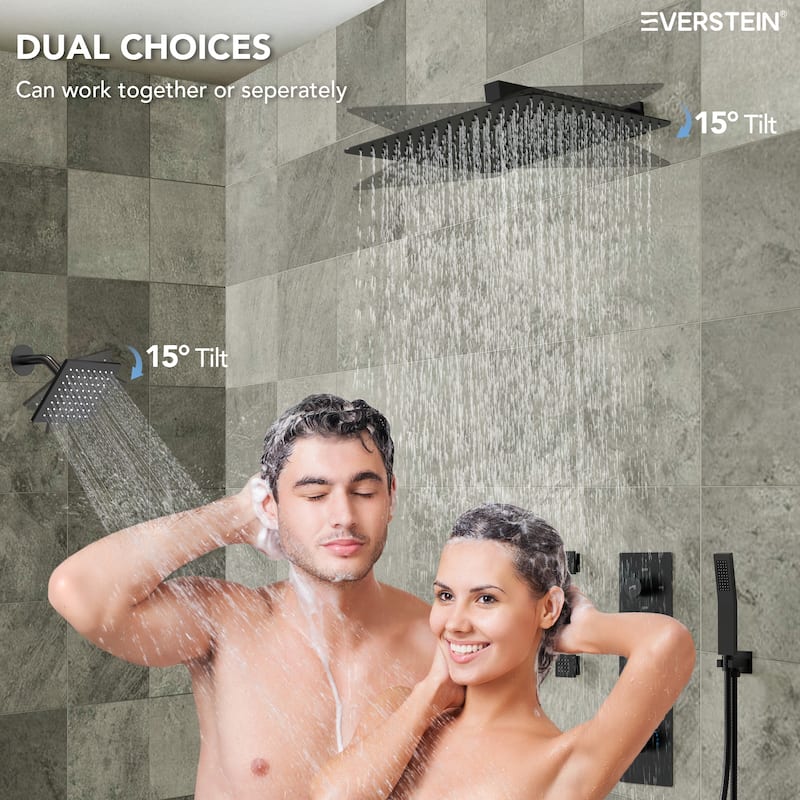 Dual Heads 16" Rainfall & High Pressure 6" Thermostatic Shower System with Body Jets