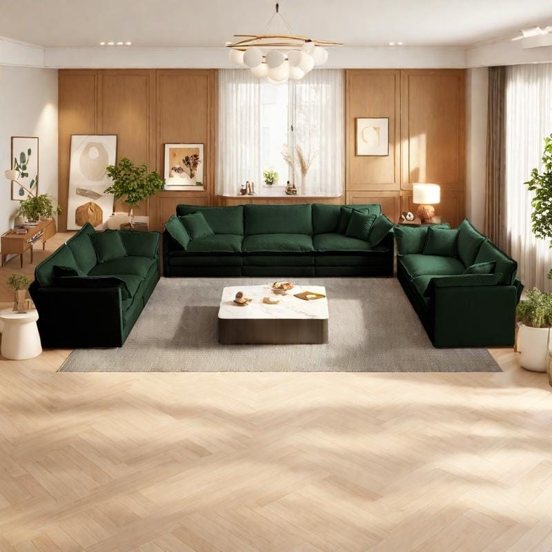 7-Seat Chenille Sectional Sofa Set (3-Seater + Two 2-Seaters) with Deep Seats & Solid Wood Frame