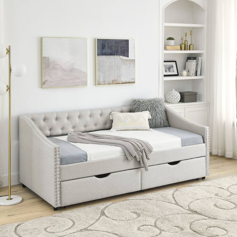 Linen Upholstered Daybed Frame with 2 Drawers & Tufted Backrest - Beige - Twin