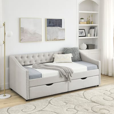 Twin Size Linen Upholstered Daybed Frame with 2 Drawers & Tufted Backrest