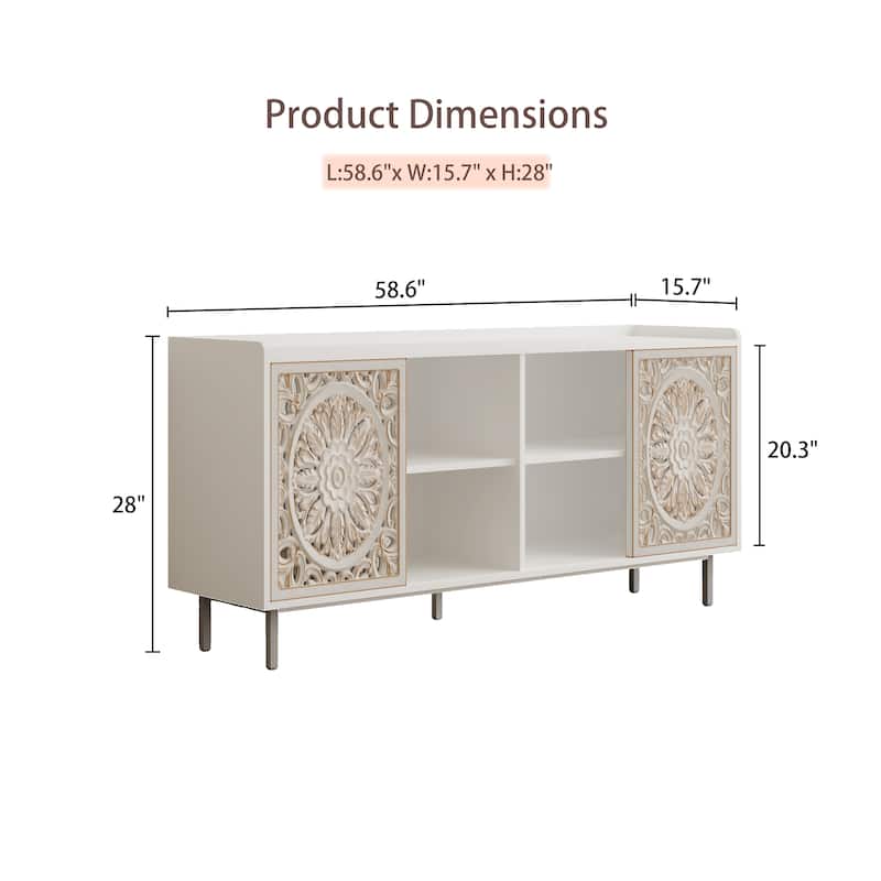 Sideboard Buffet Cabinet with Hollow-Carved Door, Storage Cabinet with Shelves, Kitchen Pantry with Solid Wood Legs