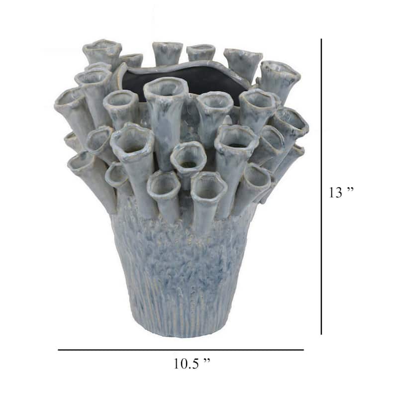 Decorative Vase, Coral Inspired Coastal Design, 13 Inch Blue Ceramic