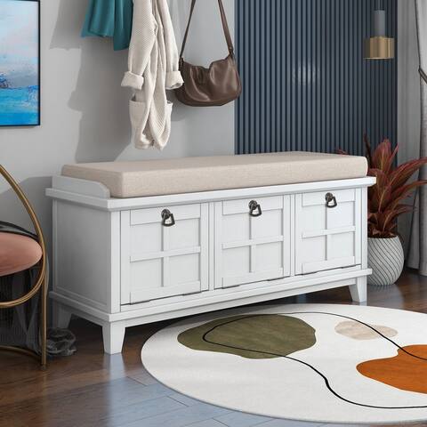 Upholstered Storage Bench & Unique Removable Seat Cushion Design with 3 Drop Down Storage Doors and Spacious Storage Space
