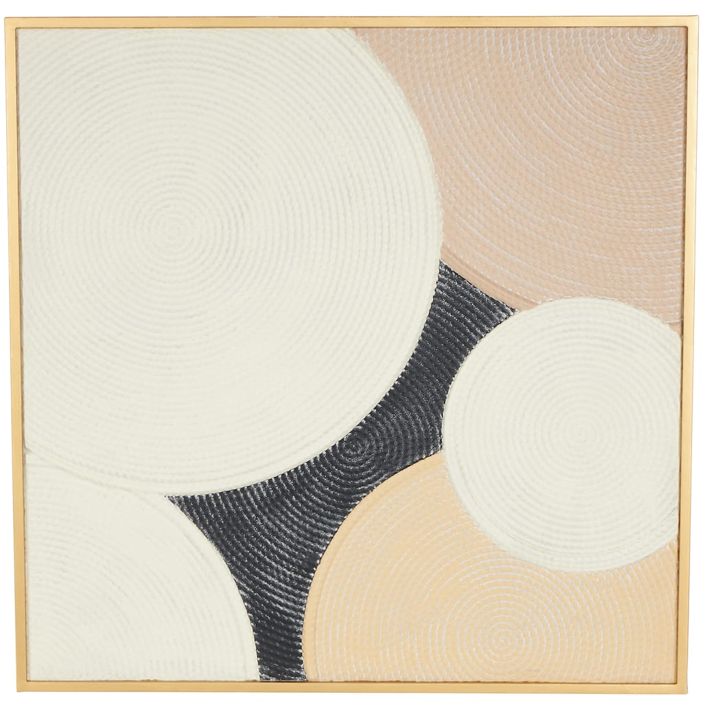 Metal Geometric Textured Framed Wall Art with Overlapping Circles and Gold Frame - Cream - Roche River Decor