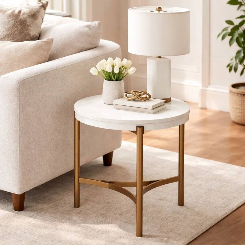 Leyu 23 Inch Round Side End Table, White Concrete Top, Bronze Tripod Base