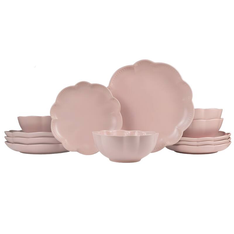 Sango Bethany 12-Piece Stoneware Dinnerware Set - Service for 4, Scalloped Plate & Bowl Set - Pink - 12 Piece