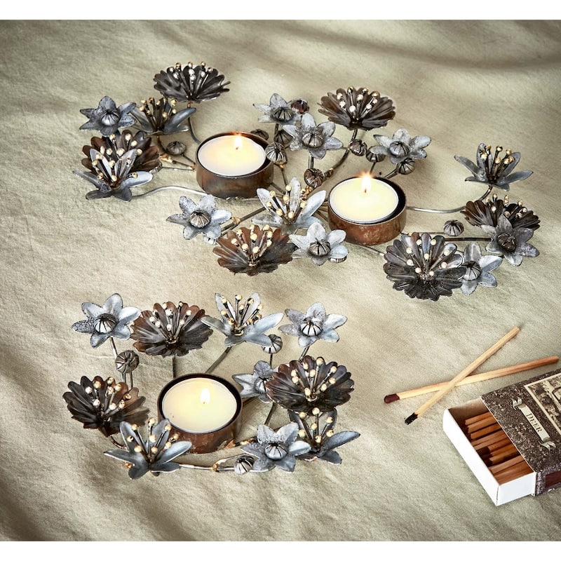 Flora Metal Flower 2 Tealight Candle Holder, 12.0L x 8.0W x 1.5H inches, Tabletop Mantel Centerpiece Decorations