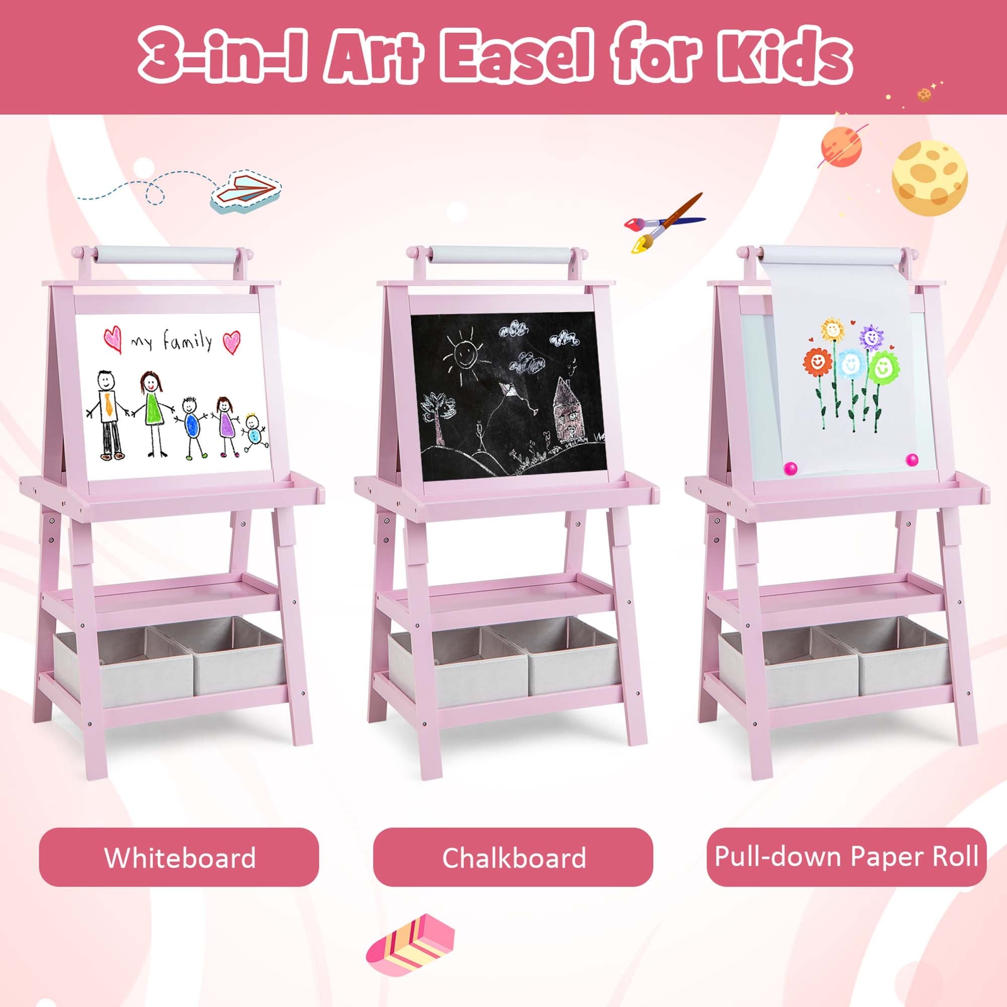 Kids Easel with Paper Roll 3 in 1 Double-Sided Easel with Whiteboard &  Chalkboard Standing Easel Art Easel with Numbers and Other Accessories for  Boys