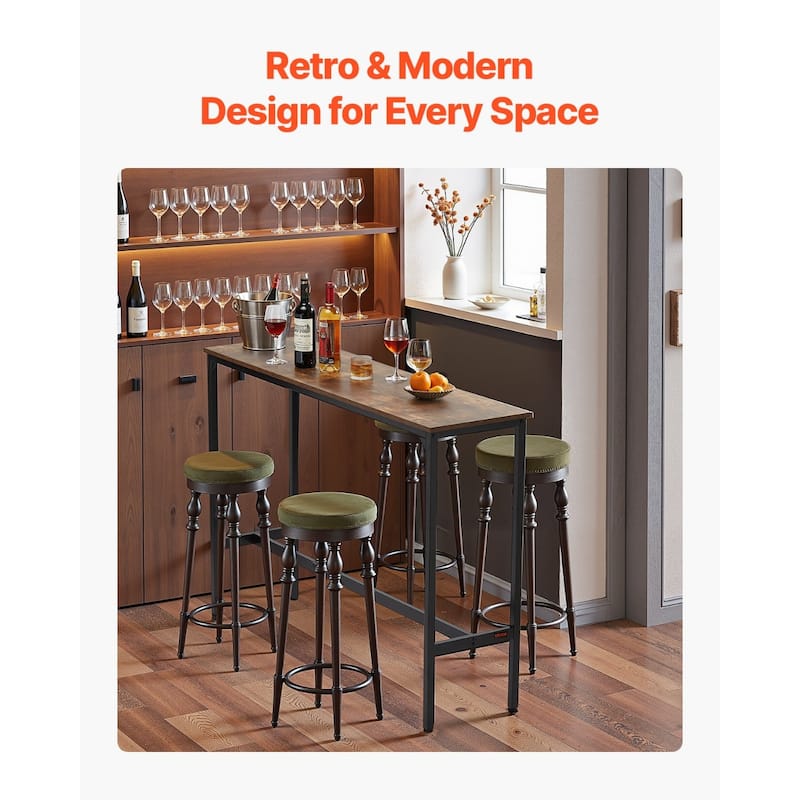 Modern 55” Rustic Brown Bar Height Pub Table with Footrest and Metal Frame for Dining Room or Coffee Shop - 55”L x 15”W x 39”H