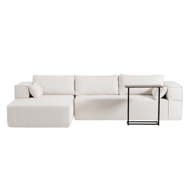 L Shaped Boucle Fabric Sectional Sofa w/ Chaise Lounge, Side Table, Pillows