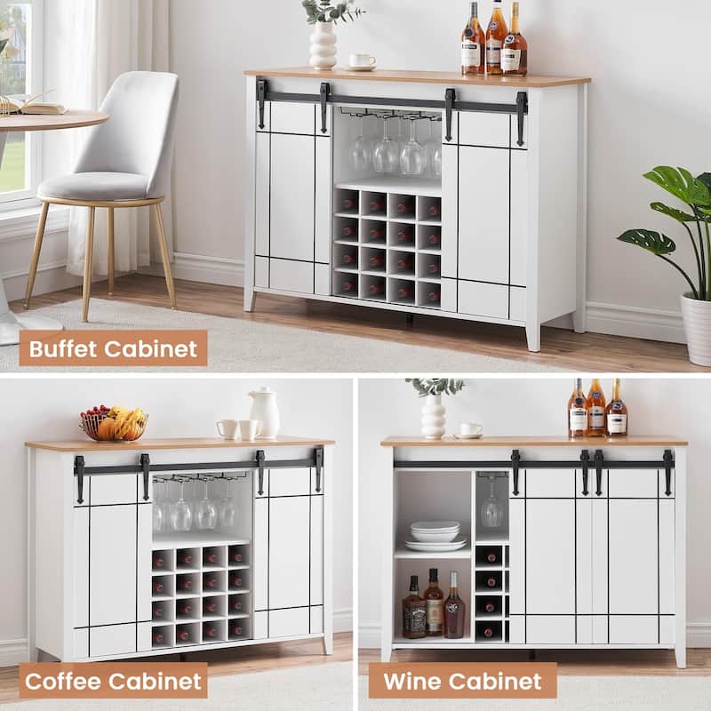 Farmhouse 47'' Wine Bar Cabinet Buffet Sideboard Cabinet with 16 Bottle Wine Rack - 15.7"D x 47.2"W x 34.61"H