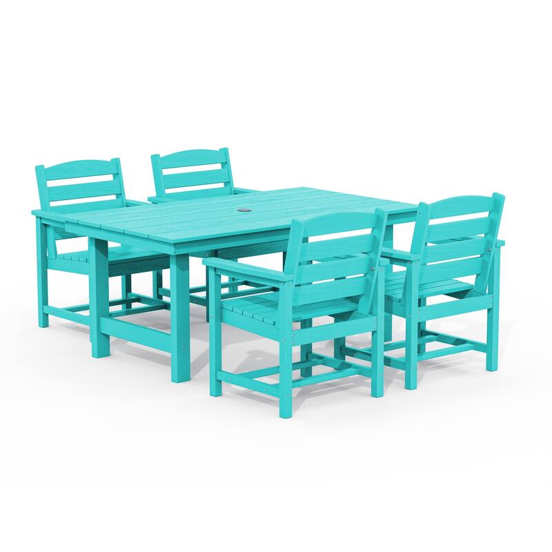 5-Piece HDPE Outdoor Dining Table Sets with Umbrella Hole - 1-Table 4-Chairs - Tiffany Blue