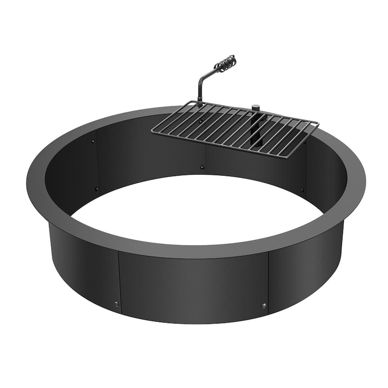 Black Carbon Steel Fire Pit Ring with BBQ Fire Ring, Swivel Grate - 34.84 x 34.84 x 13.15 in