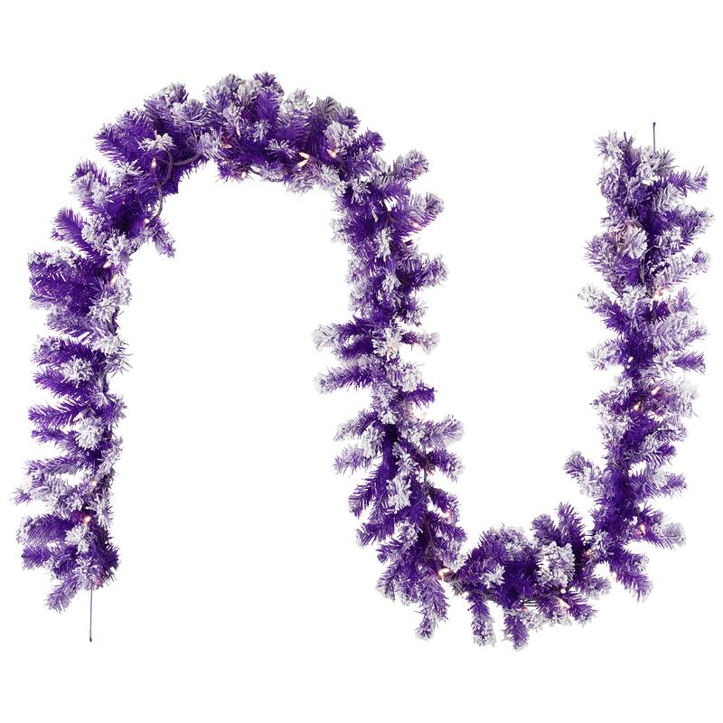 Pre-Lit Artificial Flocked Pine Christmas Garland - 9' - Purple - Clear Lights