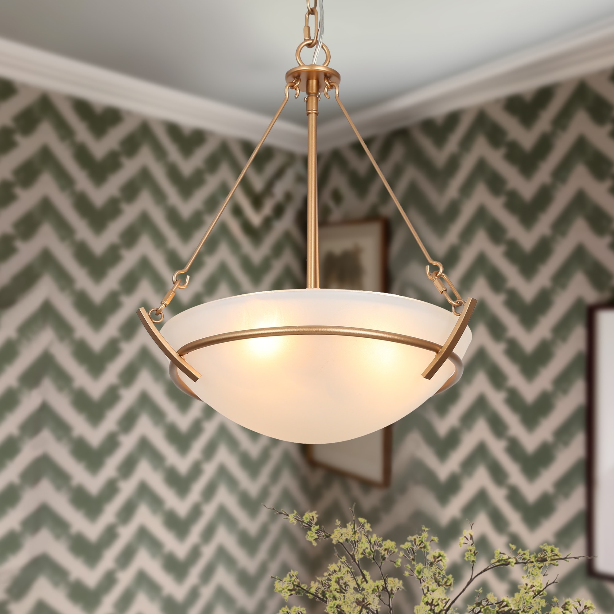 Mid Century Modern 3 Light Gold Chandelier Bowl Frosted Glass Pendant Light for Dining Room 11.5 D x 16.5 H