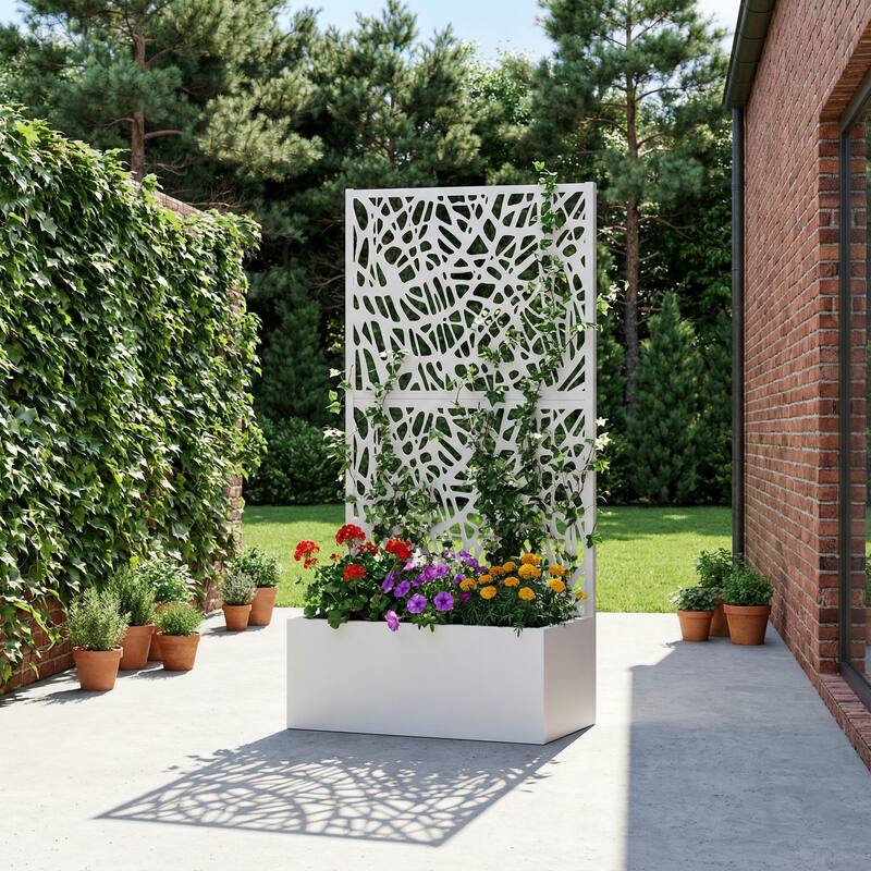 Metal Galvanized Planter Box with Trellis Privacy Screen Lockable Wheels - White-Rectangle - 59"x30"