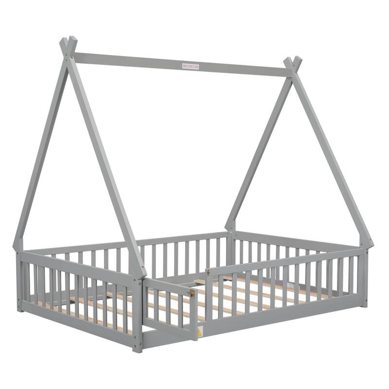 Tent-shaped Full Size Floor Bed with Guardrails, Slats, Door, for Kids