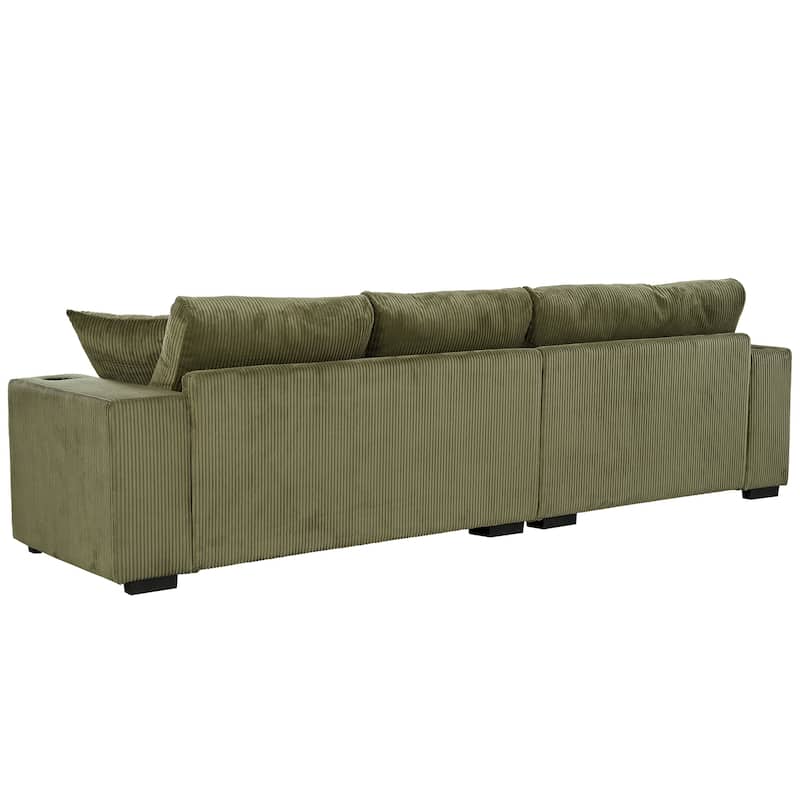 111.5" Corduroy Sectional Sofa Oversized 3 Seat L Shaped Sofa with 2 Built-in Cup Holders and Charging Ports
