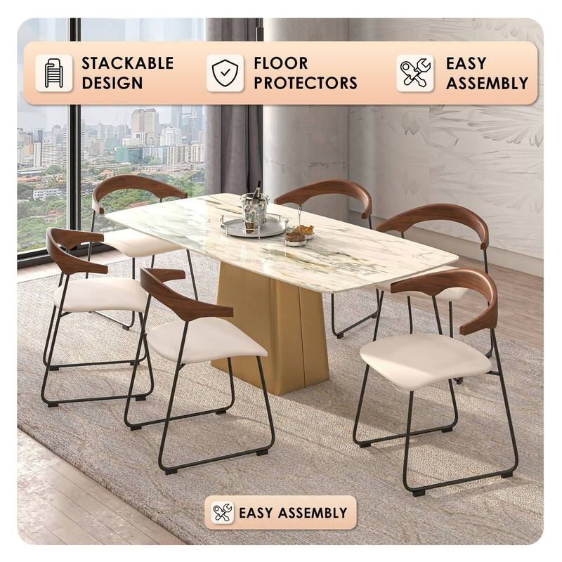 Lyra Modern Leather Upholstered Open Back Dining Side Chair with Solid Wood Backrest and Black Metal Legs (Set of 2)