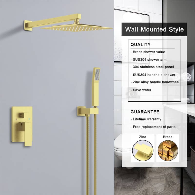Wall Mount Shower Faucet With Rough-in Valve, Complete Shower System Wth Handheld Shower 10 inch Rain Shower Head Brushed Gold