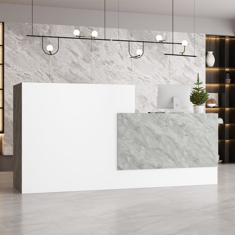White and Marble Reception Desk with Spacious Work Surface and Shelving